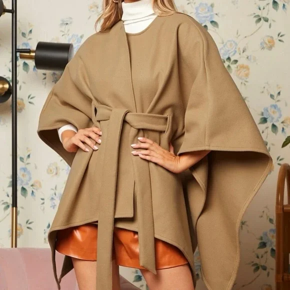 ジャケット・アウター eaphi high neck wool cape coat brown